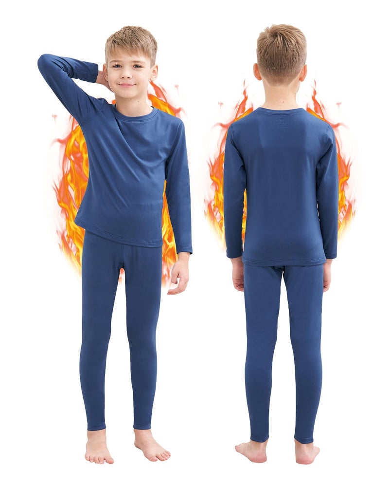 HEROBIKER Thermal Underwear Boys Ultra Soft Fleece Lined Kids Thermals Long Johns Top Bottom Warm Set for Winter Skiing Blue - Image 1